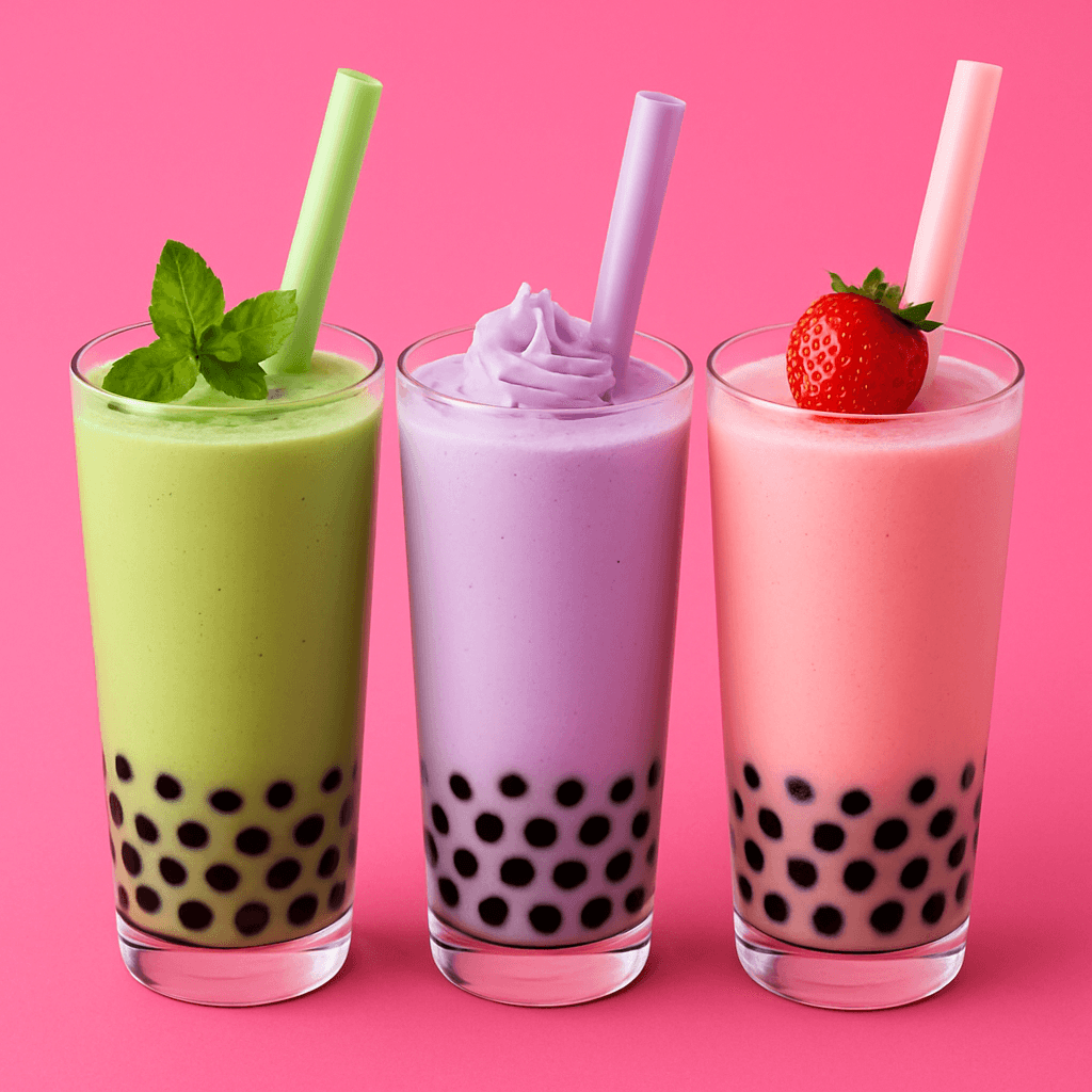 Verschiedene Bubble Tea Sorten von Monkey Donuts & Bubble Tea — Matcha, Taro und Strawberry