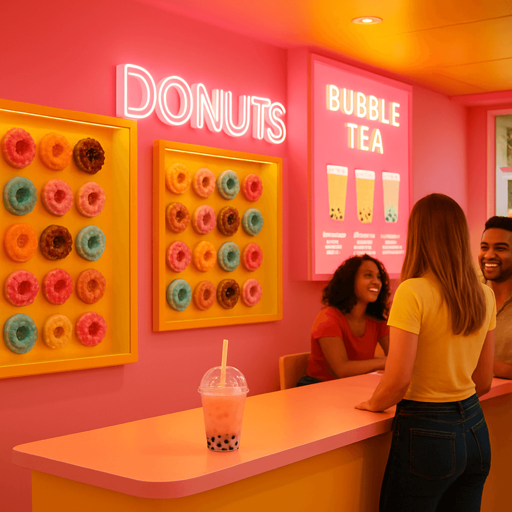 Innenraum des Monkey Donuts & Bubble Tea Ladens — buntes Ambiente mit Donut-Vitrine und Bubble Tea Theke